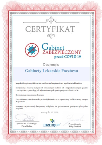 Certyfikat Gabinet zabezpieczony przed Covid
